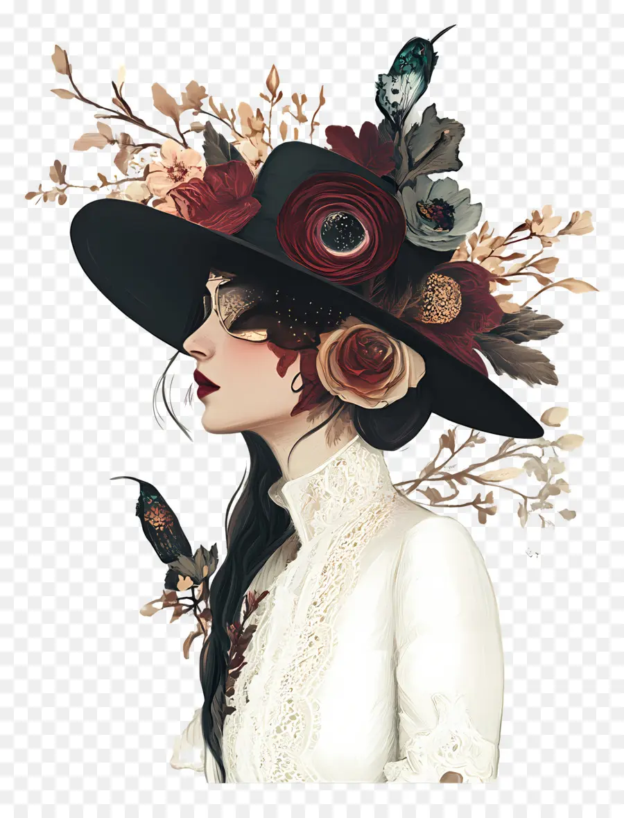 Élégance Intemporelle，Femme Au Chapeau Fleuri PNG