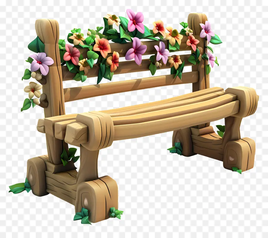 Banc En Bois，Banc Avec Des Fleurs PNG