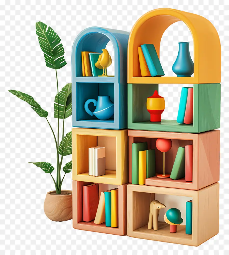 étagère En Bois，Bibliothèque Colorée PNG