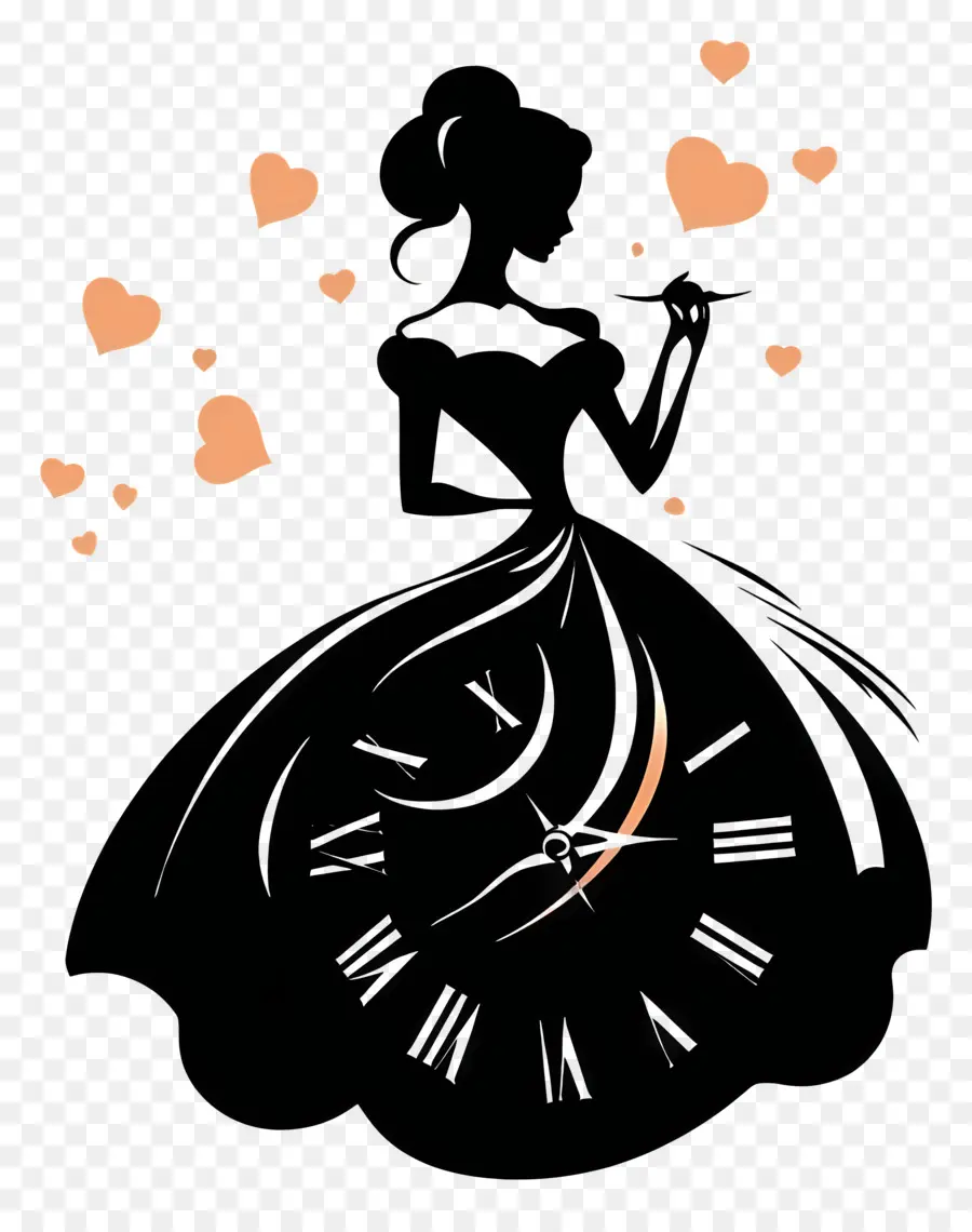 Élégance Intemporelle，Silhouette De Femme Avec Robe D'horloge PNG