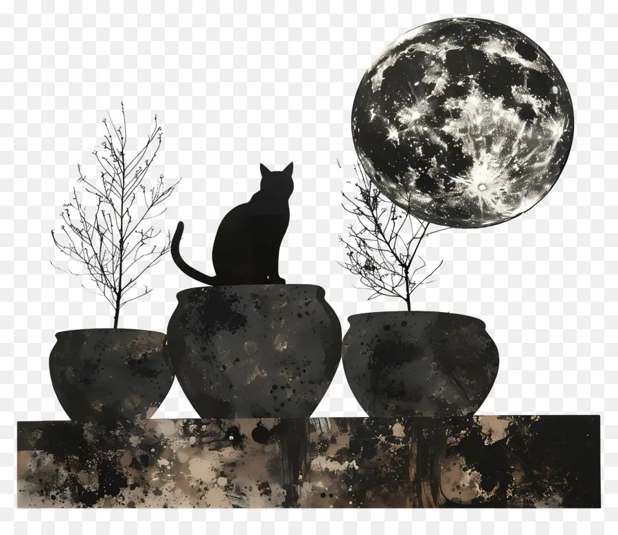 Silhouette De Chat，Chat Et Lune PNG