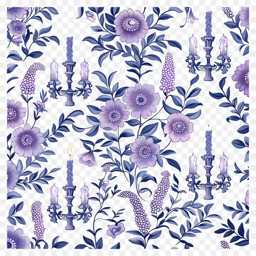 Modèle Aux Chandelles，Fleurs Violettes Et Bougies PNG