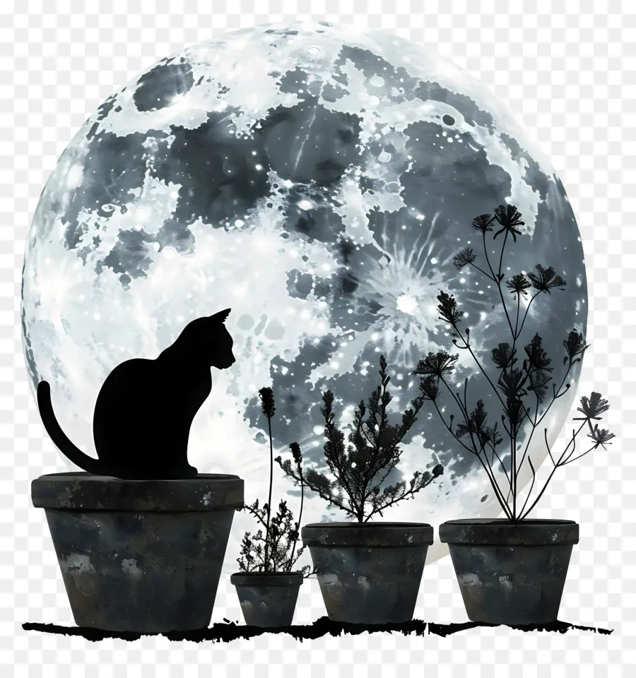 Silhouette De Chat，Lune PNG