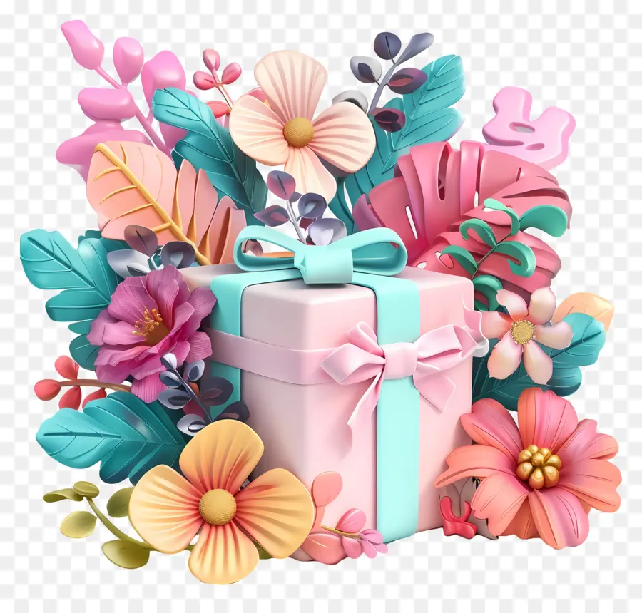 Cadeau D'anniversaire，Cadeau Avec Des Fleurs PNG