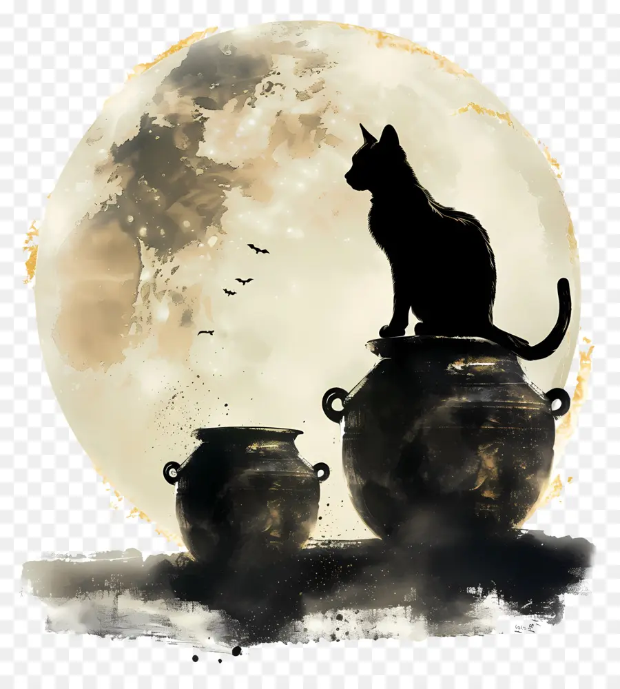 Silhouette De Chat，Lune PNG