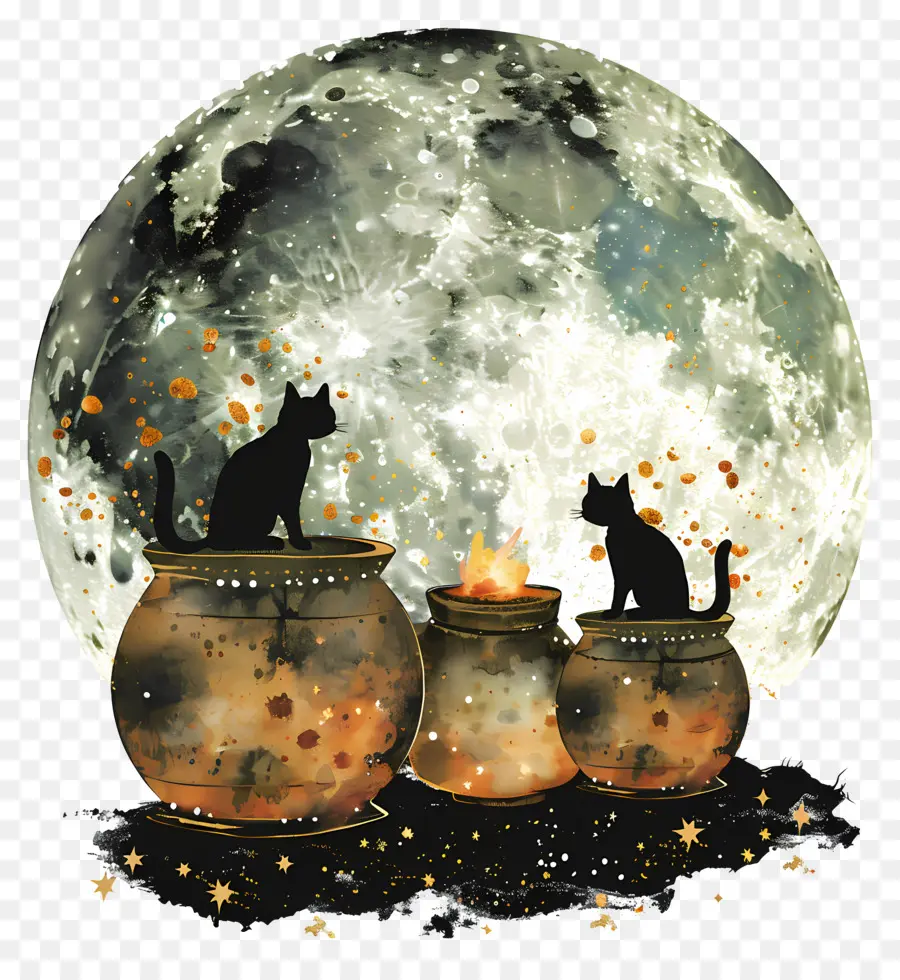 Silhouette De Chat，Chats Et Lune PNG