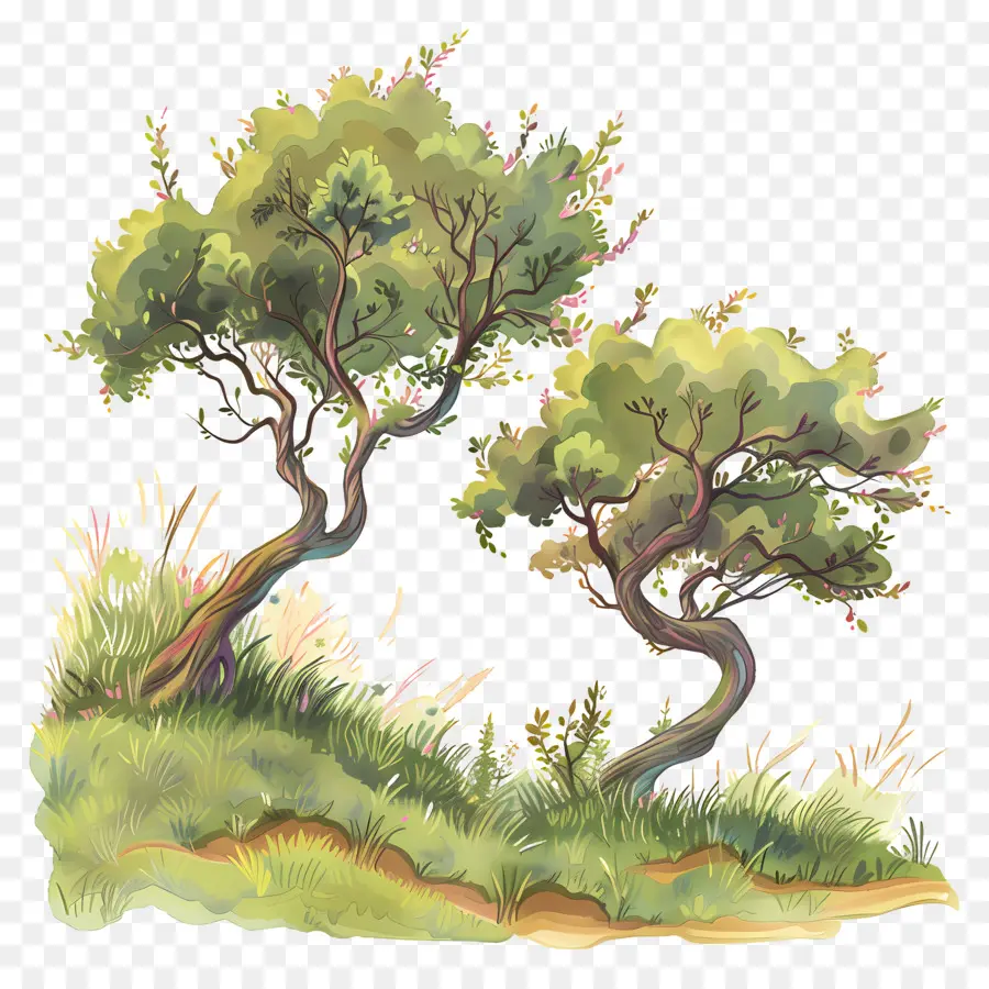 Arbres Herbe，Arbres Dans Le Pré PNG