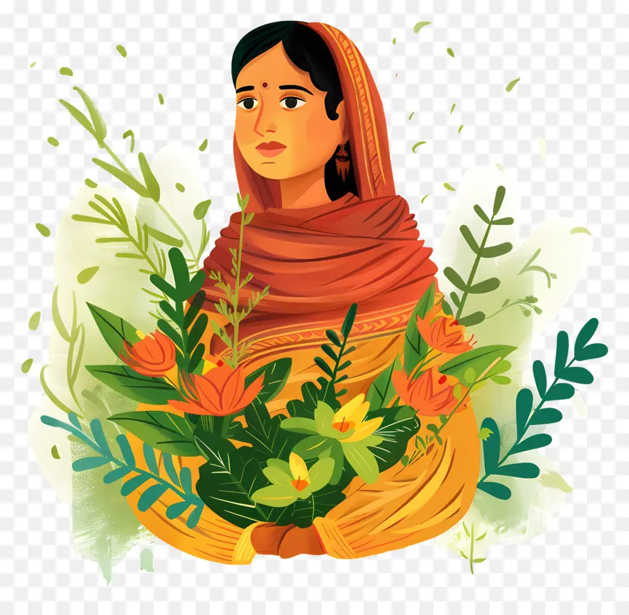 Femme Marathi，Femme Avec Des Fleurs PNG