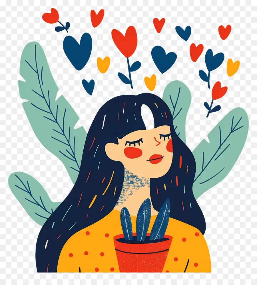 Femme De Dessin Animé，Fille Avec Des Plantes Et Des Coeurs PNG