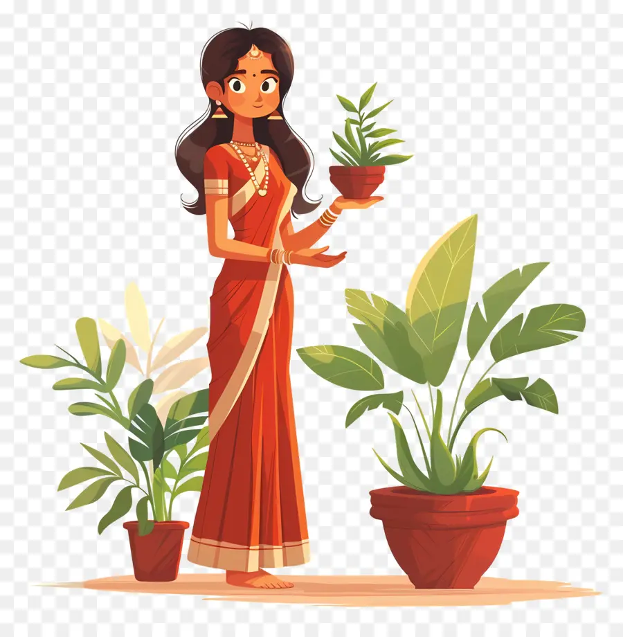 Femme Indienne，Femme Avec Des Plantes PNG