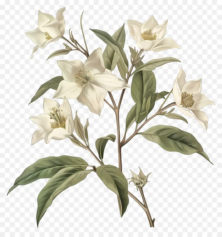 Fleurs Blanches，Feuilles Vertes PNG