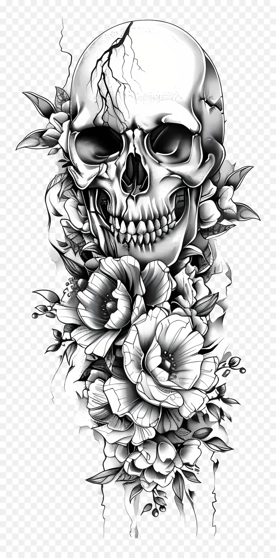 Tatouage Sur La Manche，Crâne Et Fleurs PNG