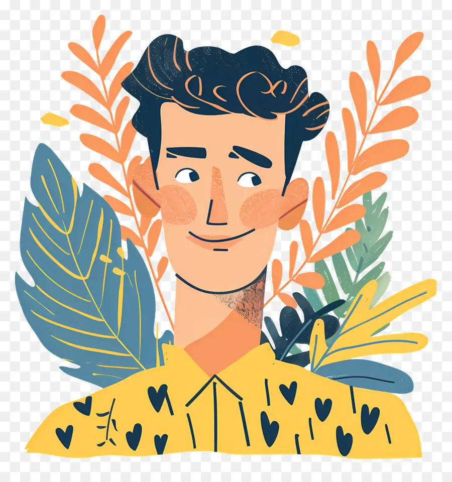 Tête D'homme Souriant，Homme Illustré Avec Des Feuilles PNG