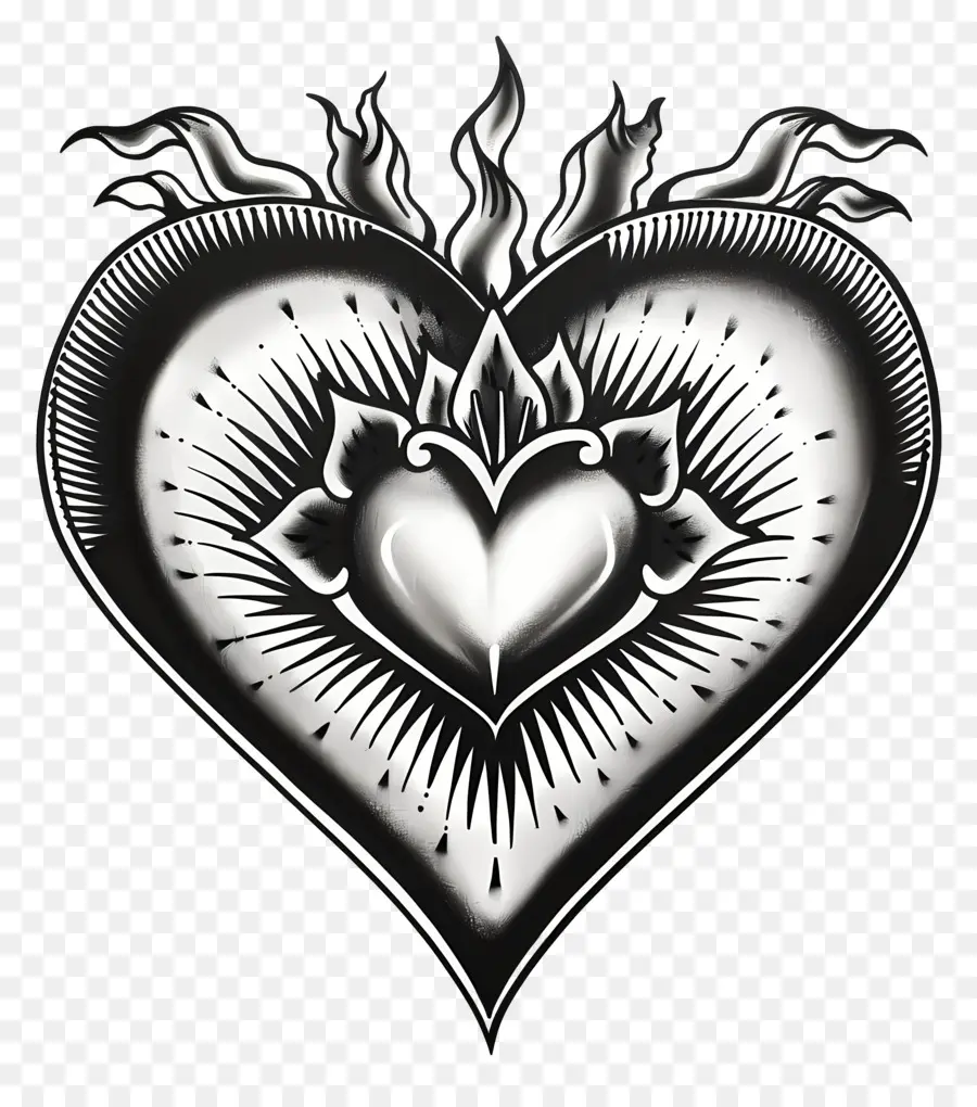 Tatouage Coeur，Coeur Noir Avec Des Flammes PNG