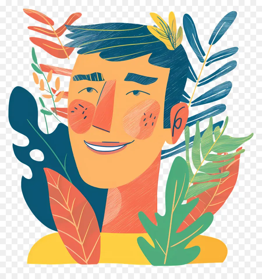 Tête D'homme Souriant，Homme Illustré Avec Des Feuilles PNG