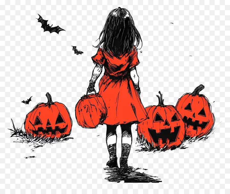 Joyeux Halloween，Fille Aux Citrouilles PNG