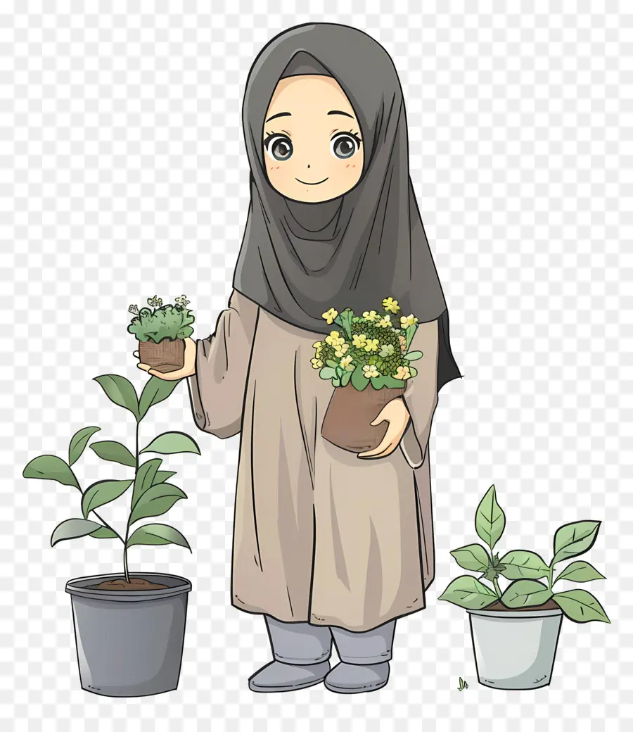 Fille Hijab Faisant Du Jardinage，Fille Avec Des Plantes PNG