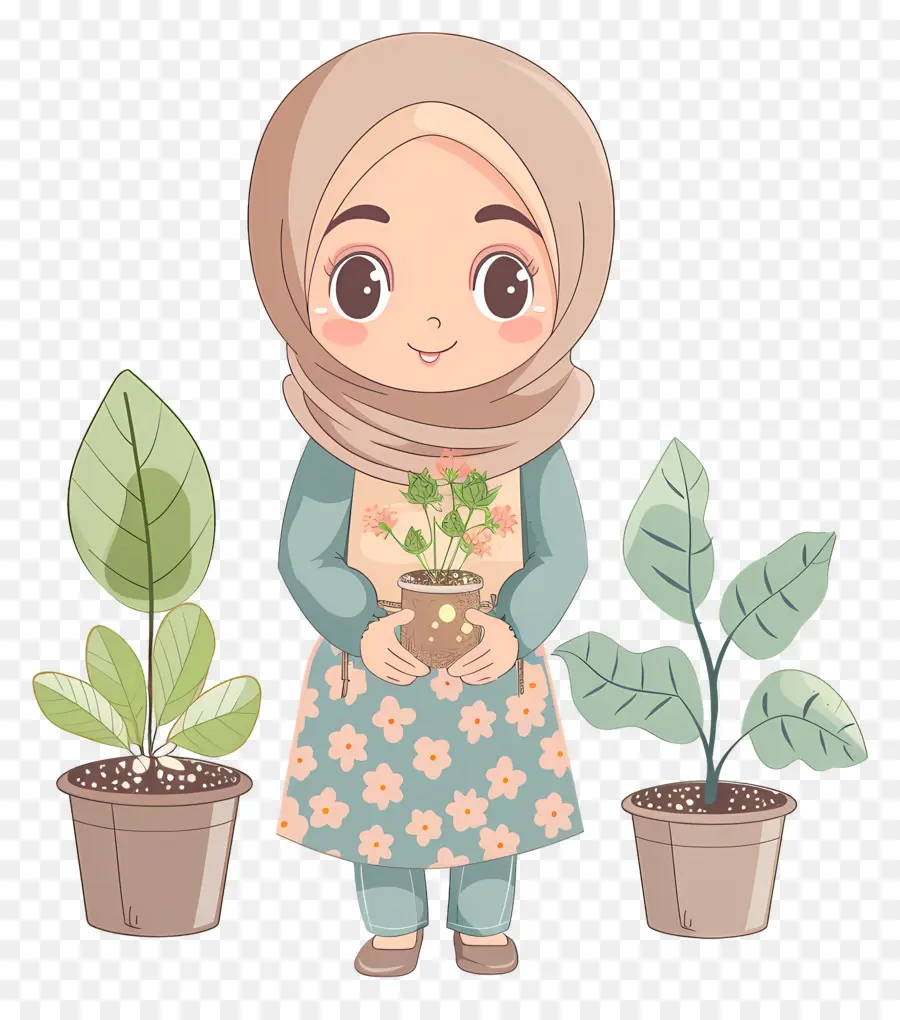 Fille Hijab Faisant Du Jardinage，Fille Avec Des Plantes PNG