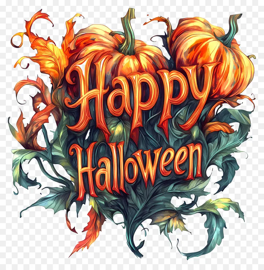 Joyeux Halloween，Joyeux Texte D'halloween Avec Un Design Fleuri PNG