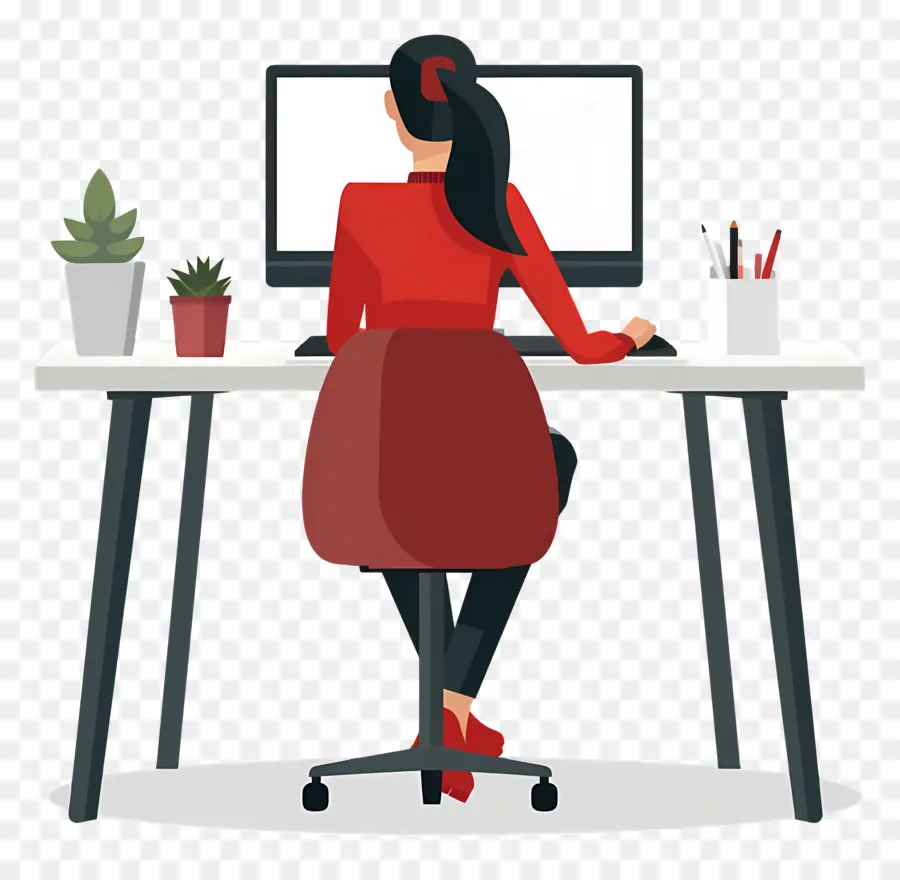 Dame Travaillant Sur Ordinateur，Femme Au Bureau PNG