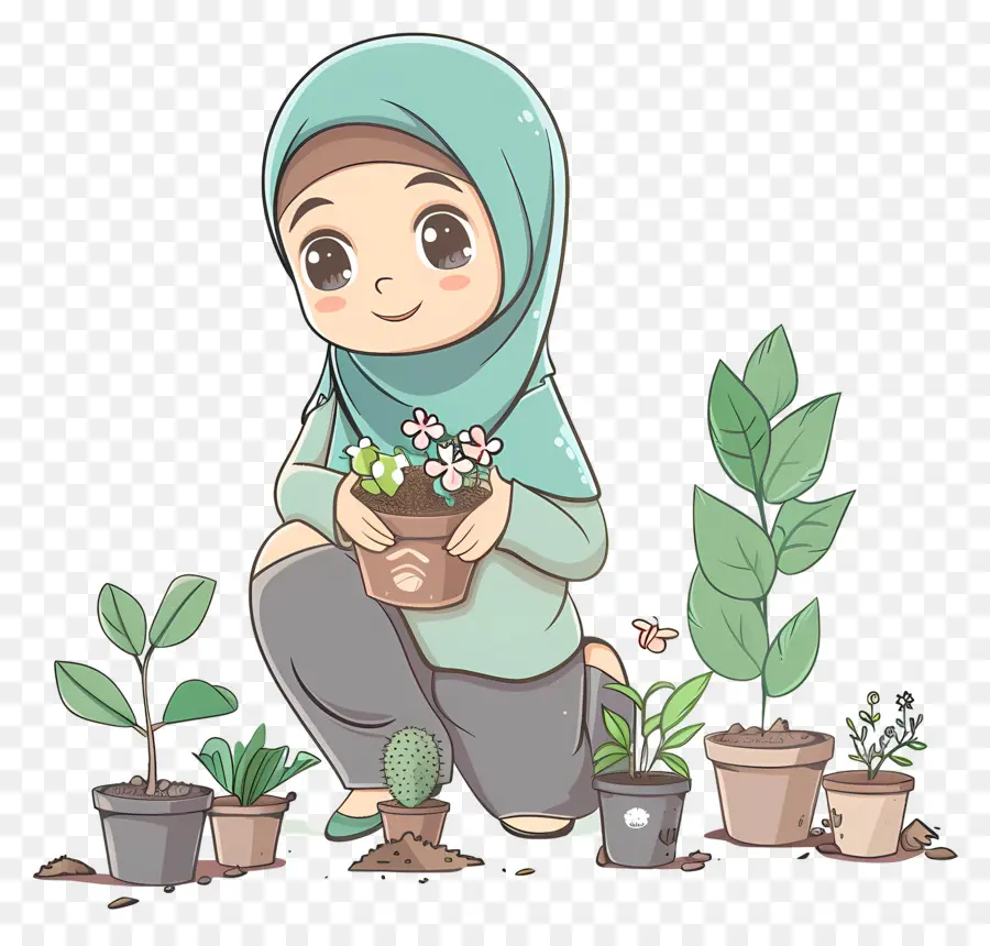 Fille Hijab Faisant Du Jardinage，Fille Plantant PNG