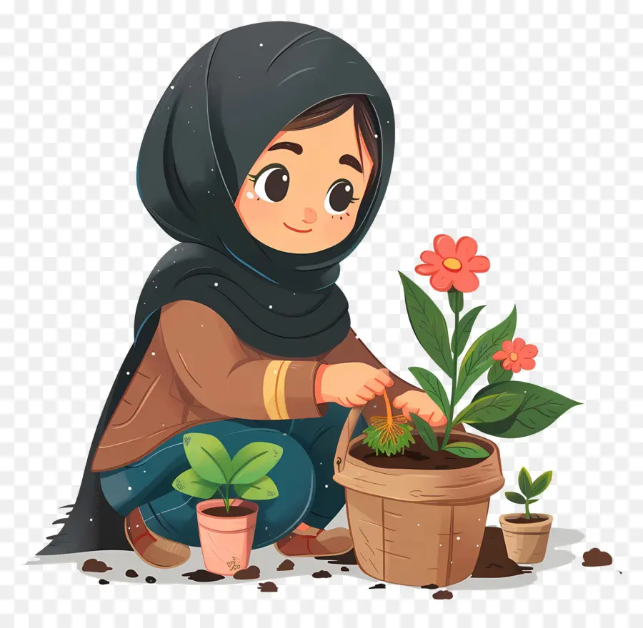 Fille Hijab Faisant Du Jardinage，Fille Plantant PNG