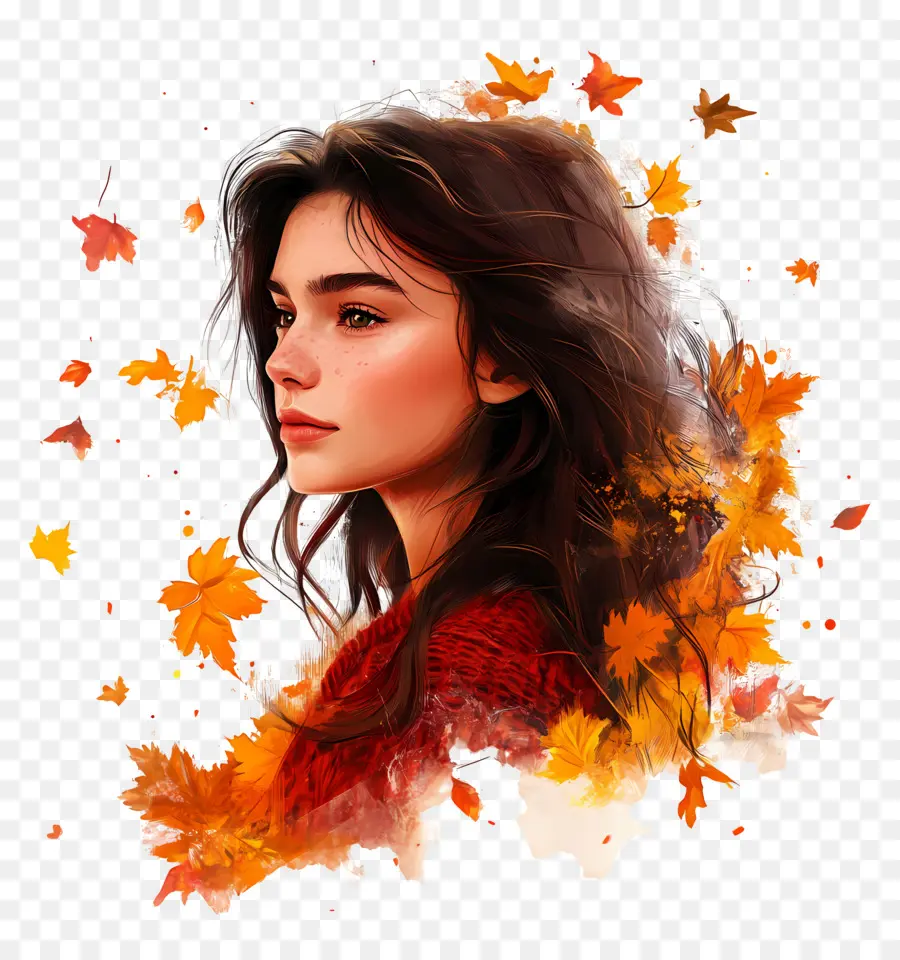 Fille D'automne，Fille Avec Des Feuilles D'automne PNG