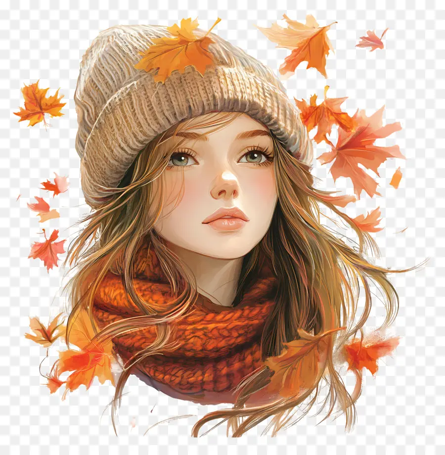 Fille D'automne，Fille Avec Des Feuilles D'automne PNG