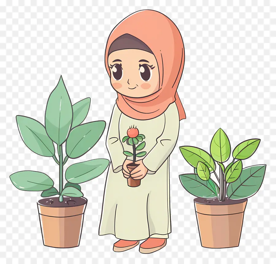 Fille Hijab Faisant Du Jardinage，Fille Avec Des Plantes PNG