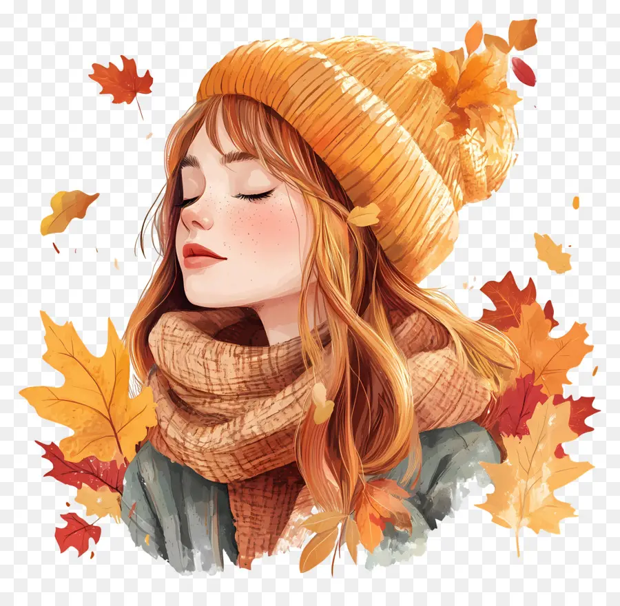 Fille D'automne，Fille Avec Des Feuilles D'automne PNG