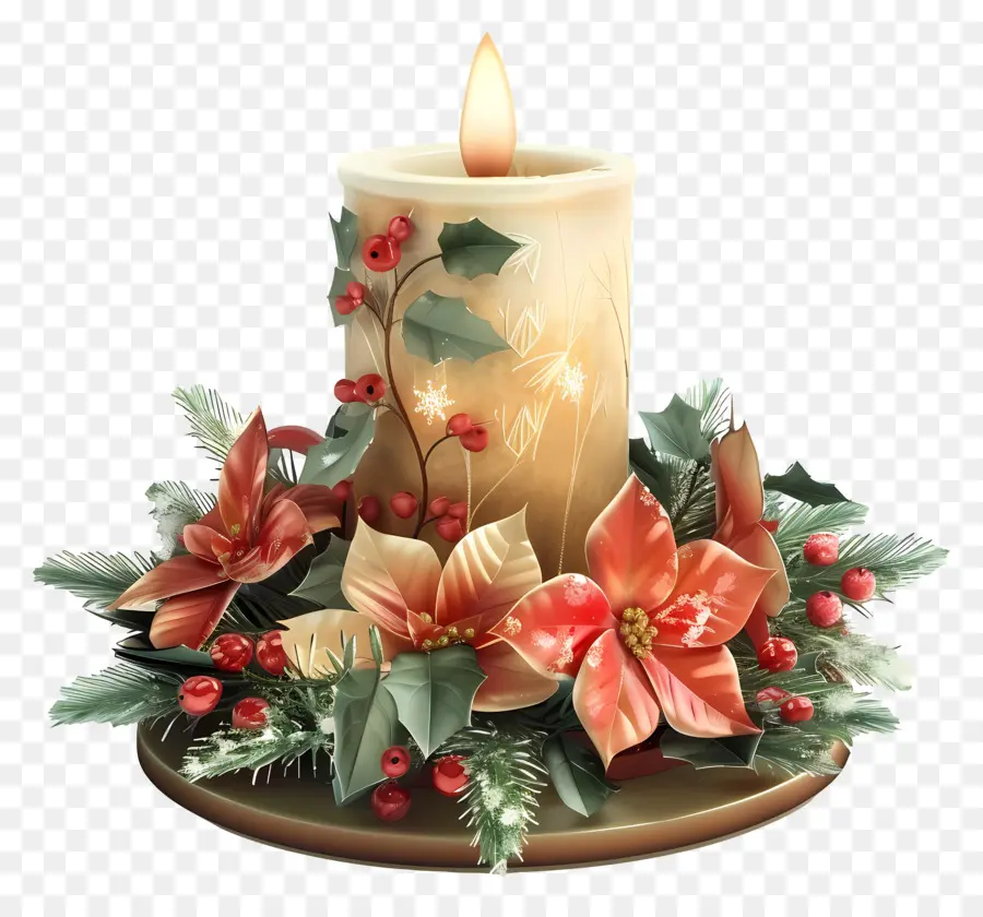 Bougie De Noël，Bougie Avec Poinsettia PNG