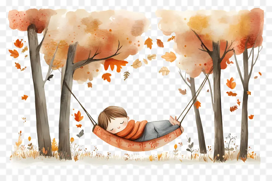 Automne Douillet，Enfant Dans Un Hamac PNG