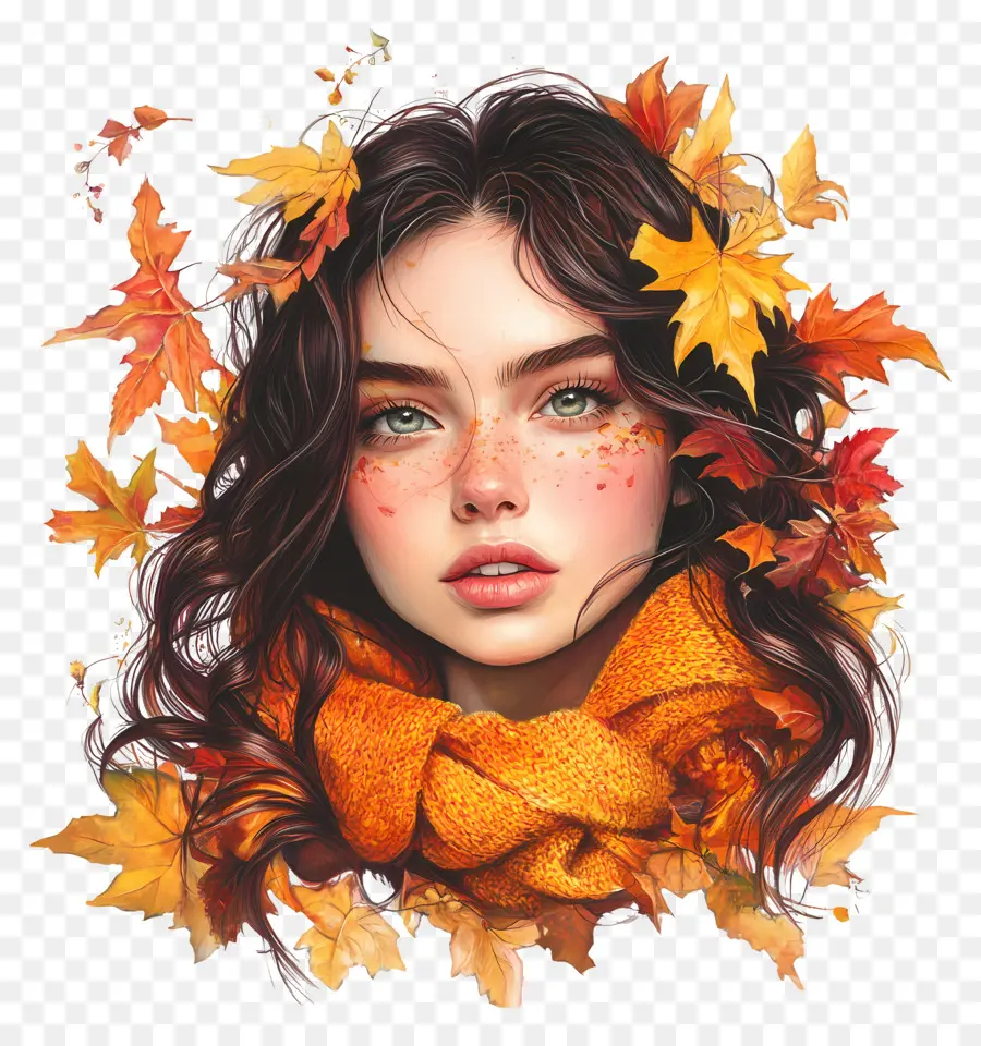 Fille D'automne，Fille Avec Des Feuilles D'automne PNG