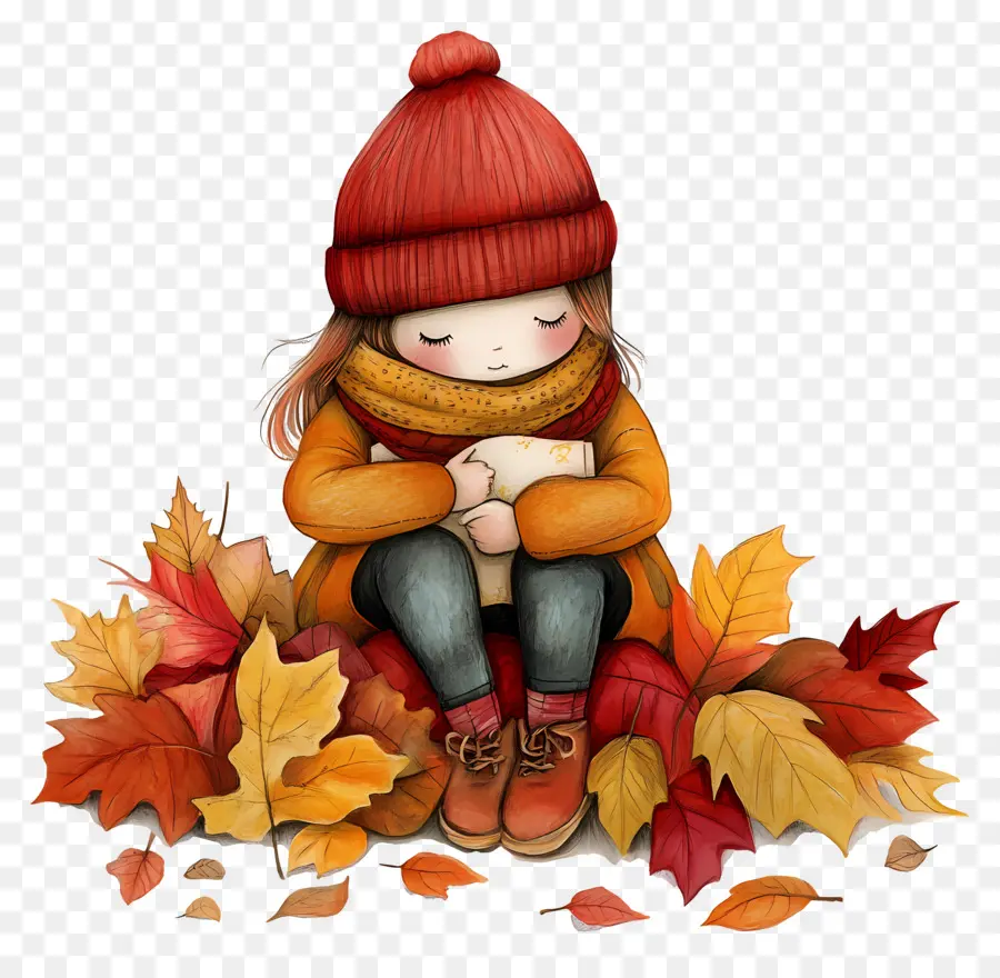 Automne Douillet，Fille Avec Des Feuilles D'automne PNG