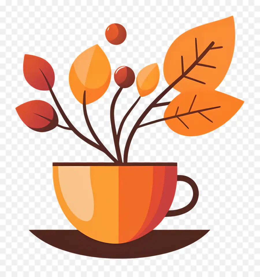 Automne Douillet，Tasse Orange Avec Feuilles D'automne PNG