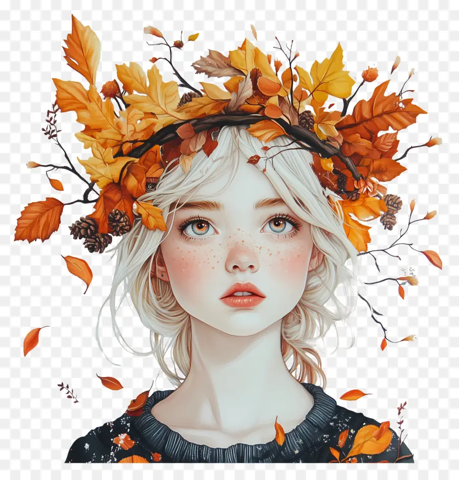 Fille D'automne，Fille Avec Des Feuilles D'automne PNG