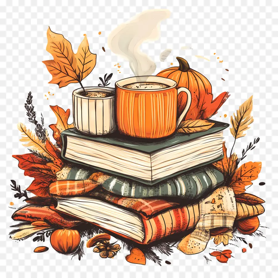 Automne Douillet，Livres Et Café PNG