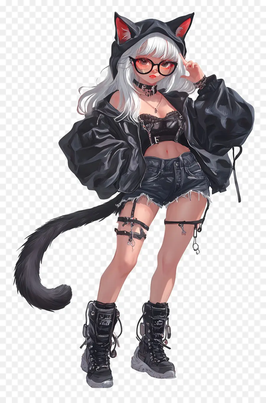 Fille Chat，Fille Chat En Tenue Noire PNG