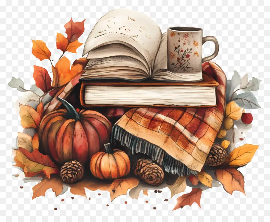 Automne Douillet，Livres Et Tasse PNG