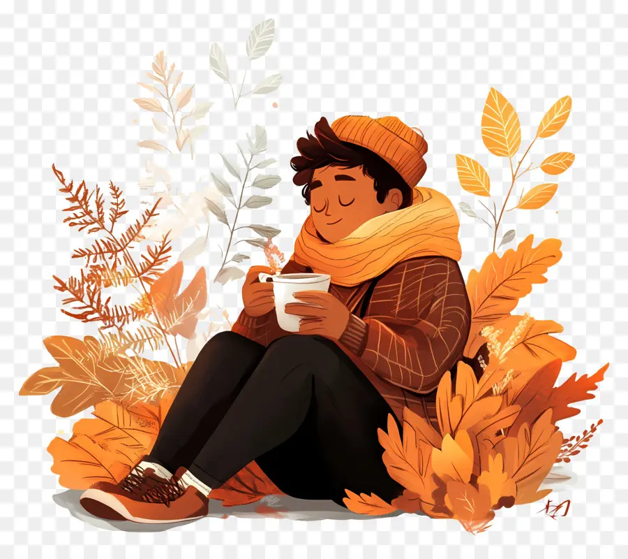 Automne Douillet，Personne Avec Tasse En Automne PNG