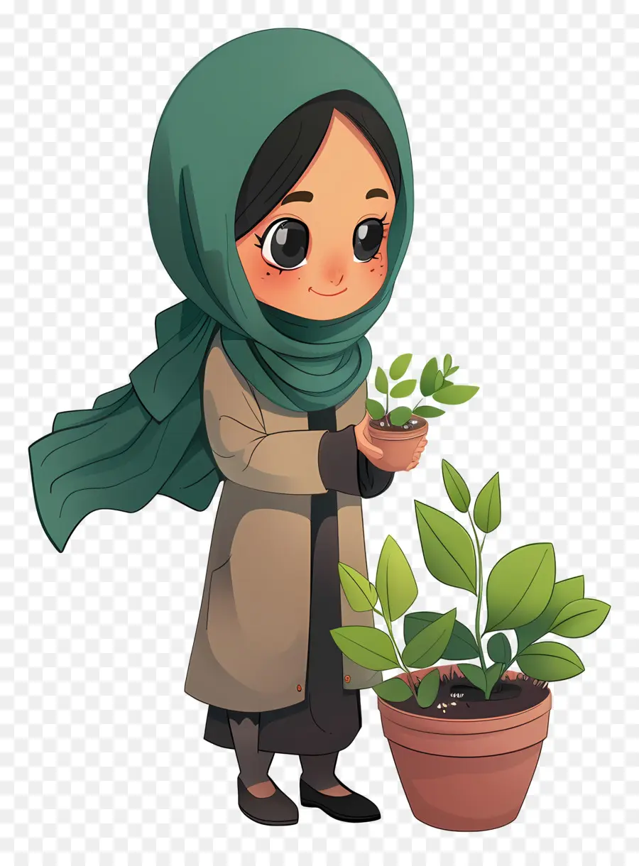 Fille Hijab Faisant Du Jardinage，Fille Avec Plante PNG