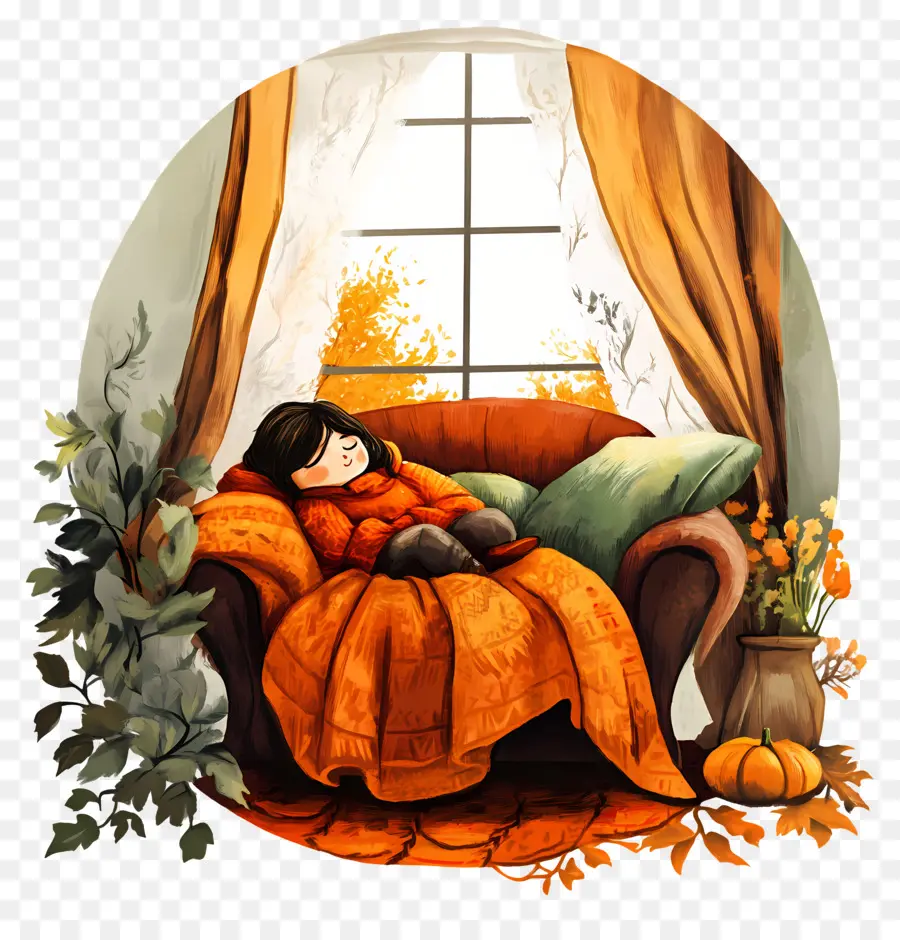 Automne Douillet，Fille Confortable Dans Une Couverture Orange PNG