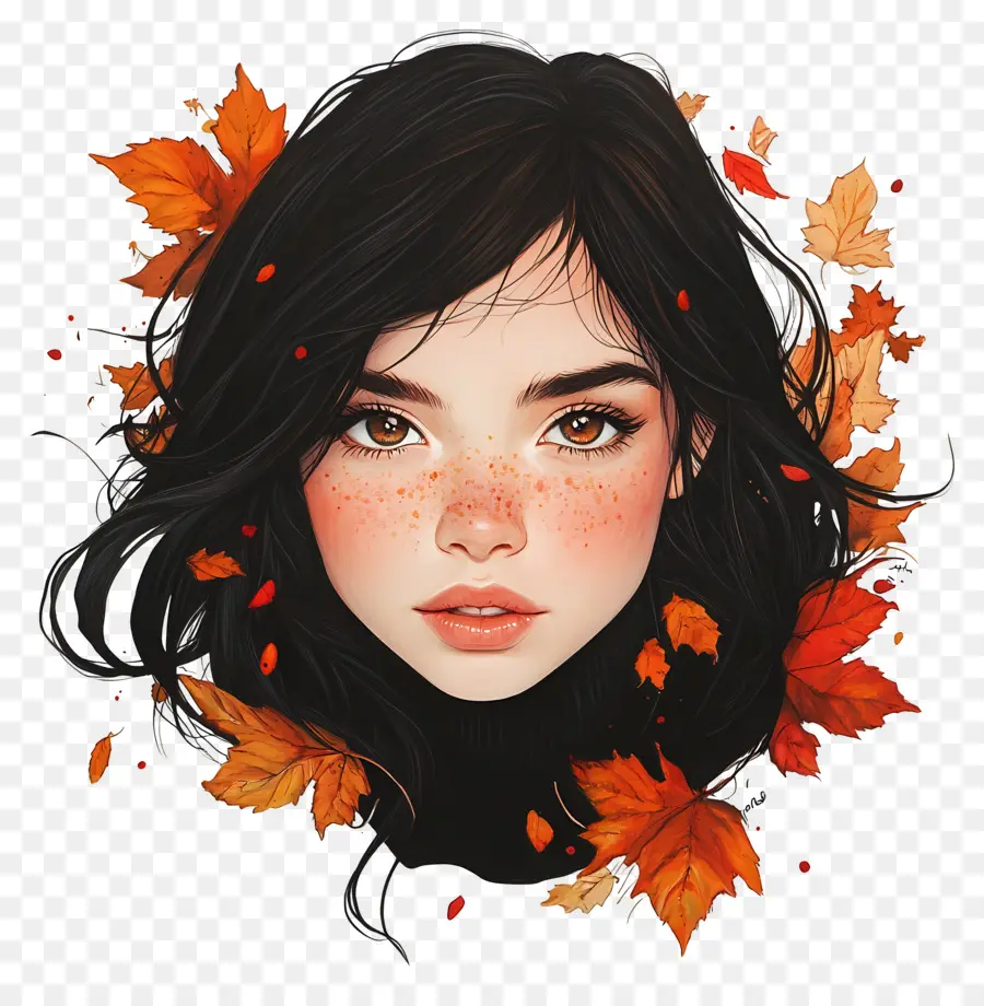 Fille D'automne，Fille Avec Des Feuilles D'automne PNG