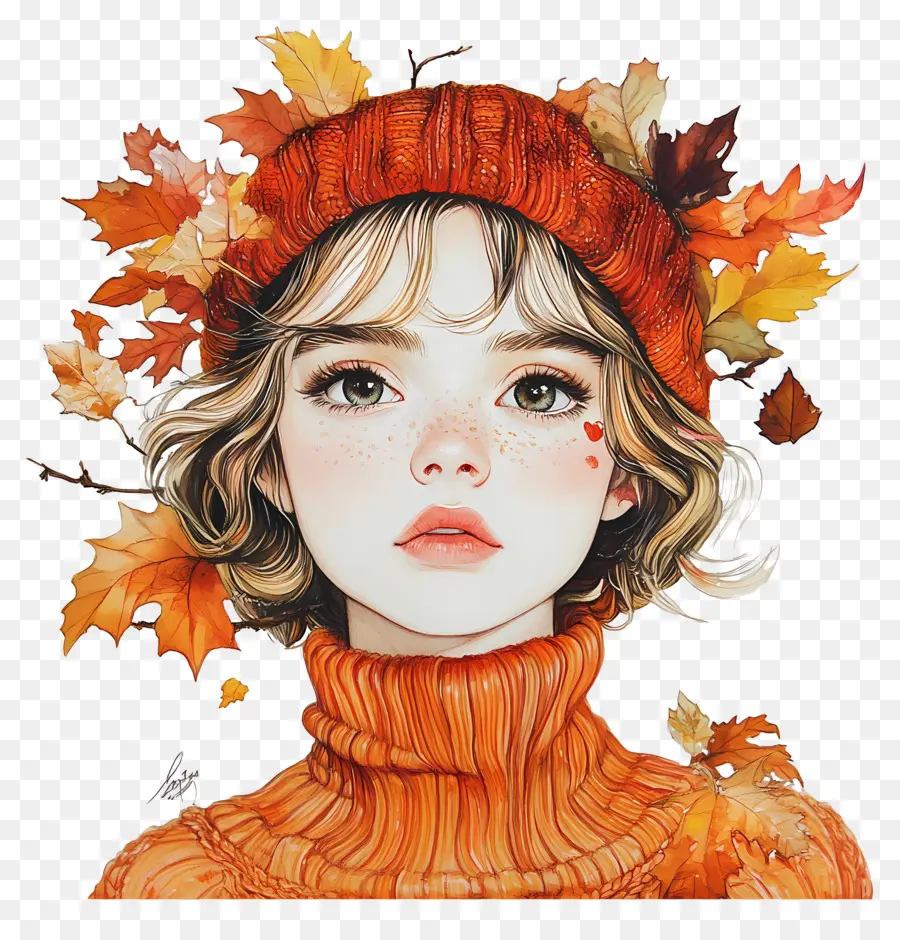 Fille D'automne，Fille Avec Des Feuilles D'automne PNG