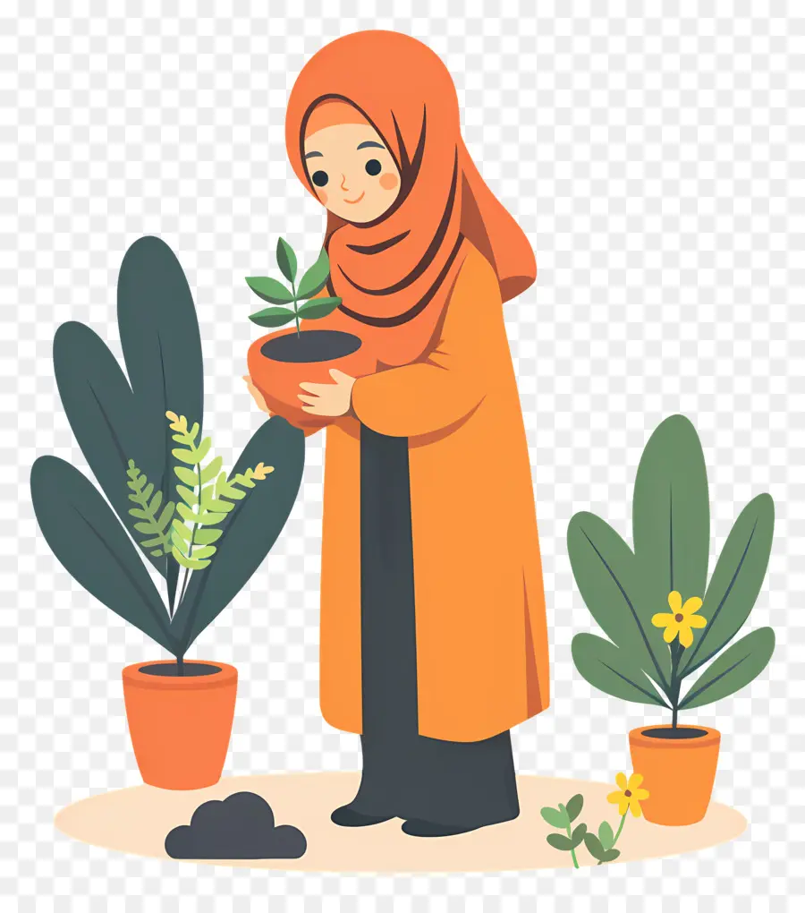 Fille Hijab Faisant Du Jardinage，Femme Avec Des Plantes PNG