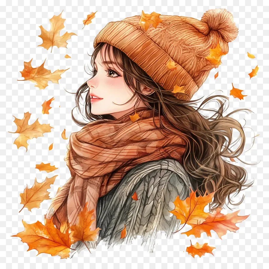 Fille D'automne，Fille Avec Des Feuilles D'automne PNG