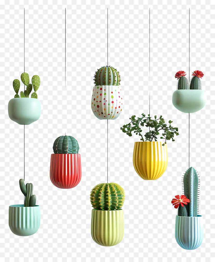 Cactus Suspendus，Pots Colorés PNG