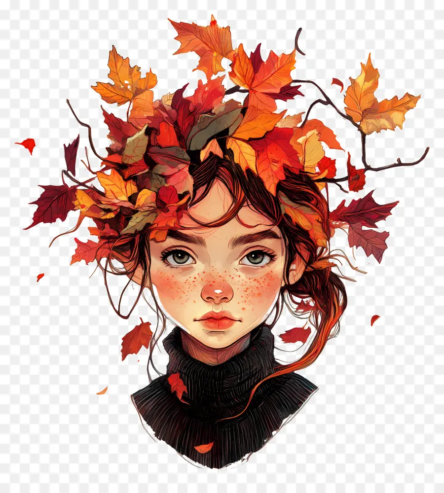 Fille D'automne，Feuilles PNG