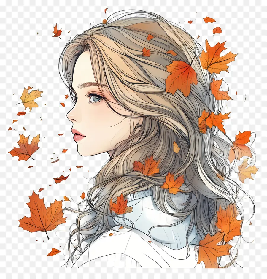 Fille D'automne，Fille Avec Des Feuilles PNG