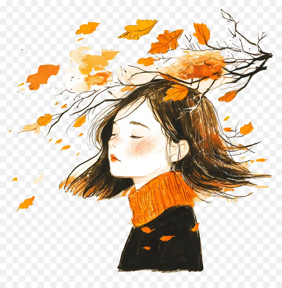 Fille D'automne，Fille Avec Des Feuilles PNG